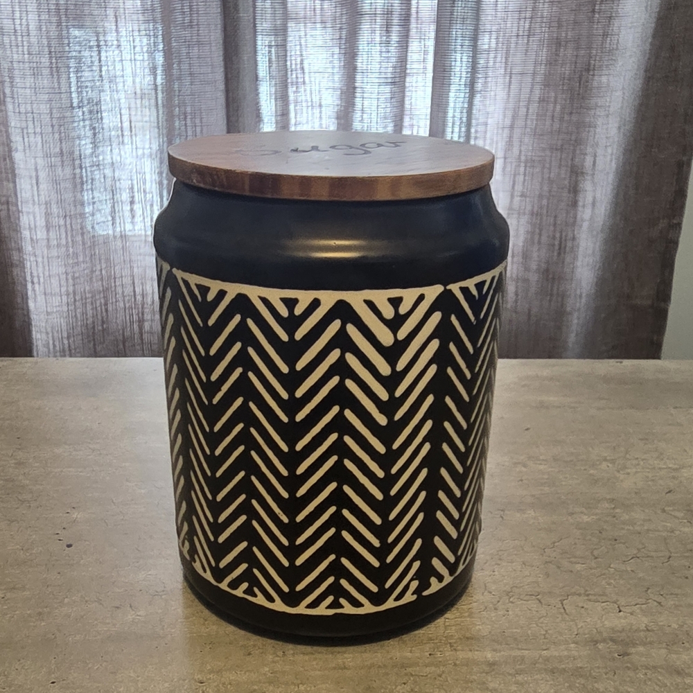ceramic sugar canister/ black and white/chevron/leaf pattern